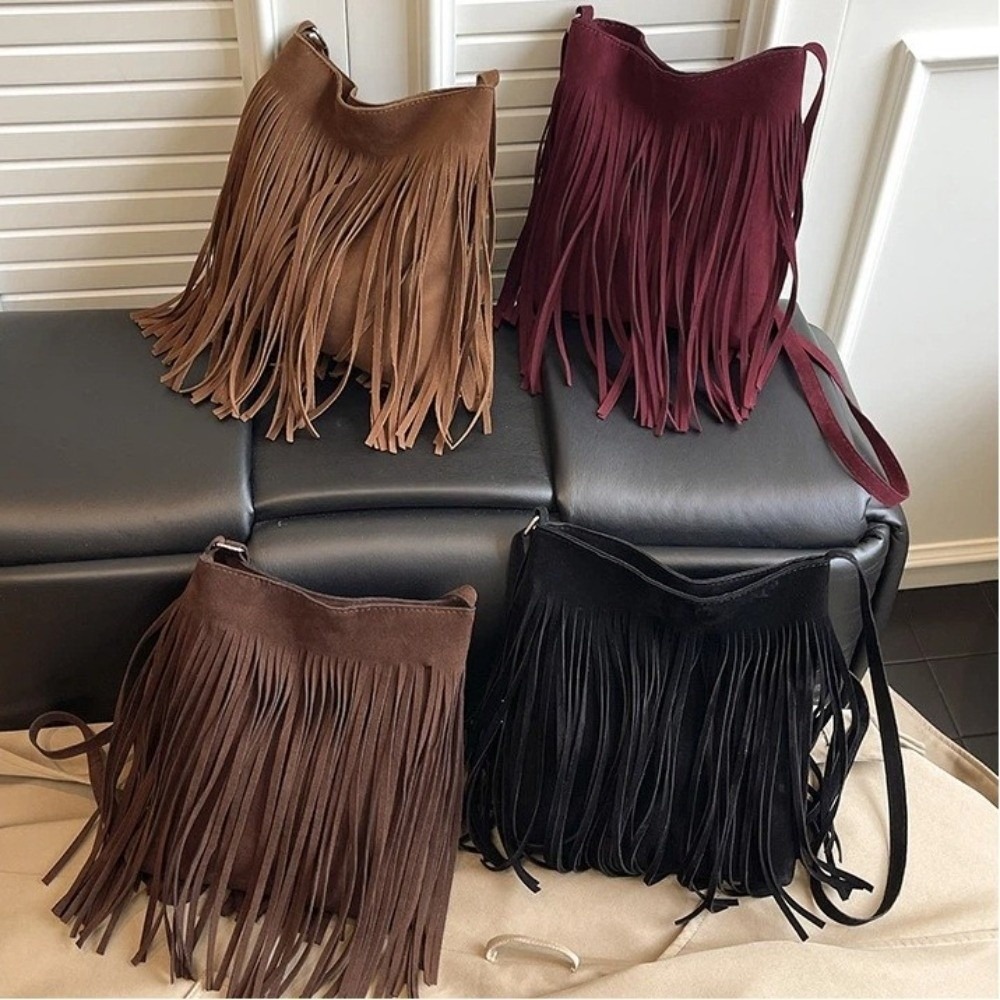 Bucket Bag Suede - Fashion Suede Fringe Crossbody Bag Large