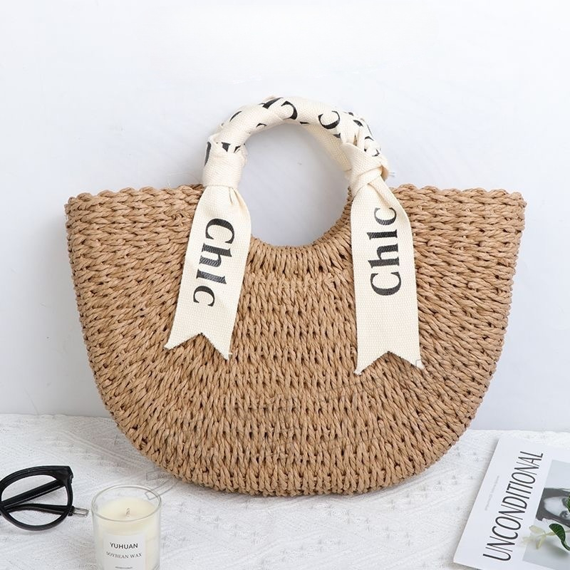 Luxury Beach Bags Ysl - Hand Woven Straw Semicircle Tote Bag