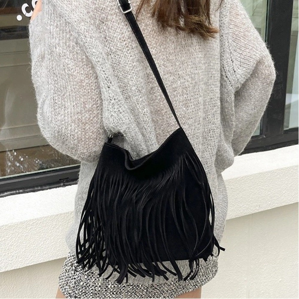 Vintage Suede Fringe Crossbody - Bucket Bag Suede review and price