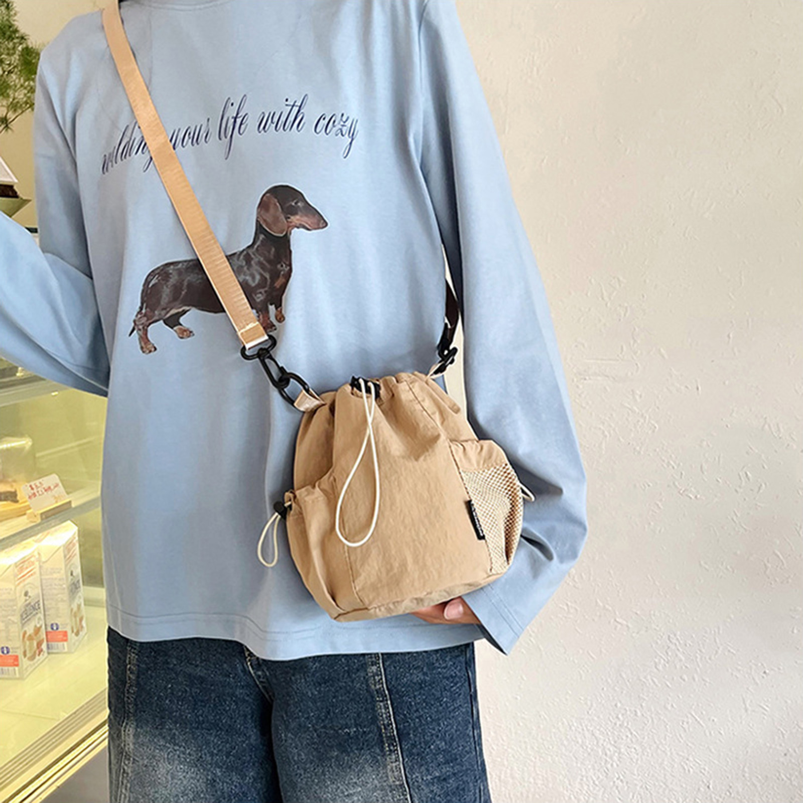 Nylon Drawstring Crossbody Bag - Bucket Bag Suede review and price
