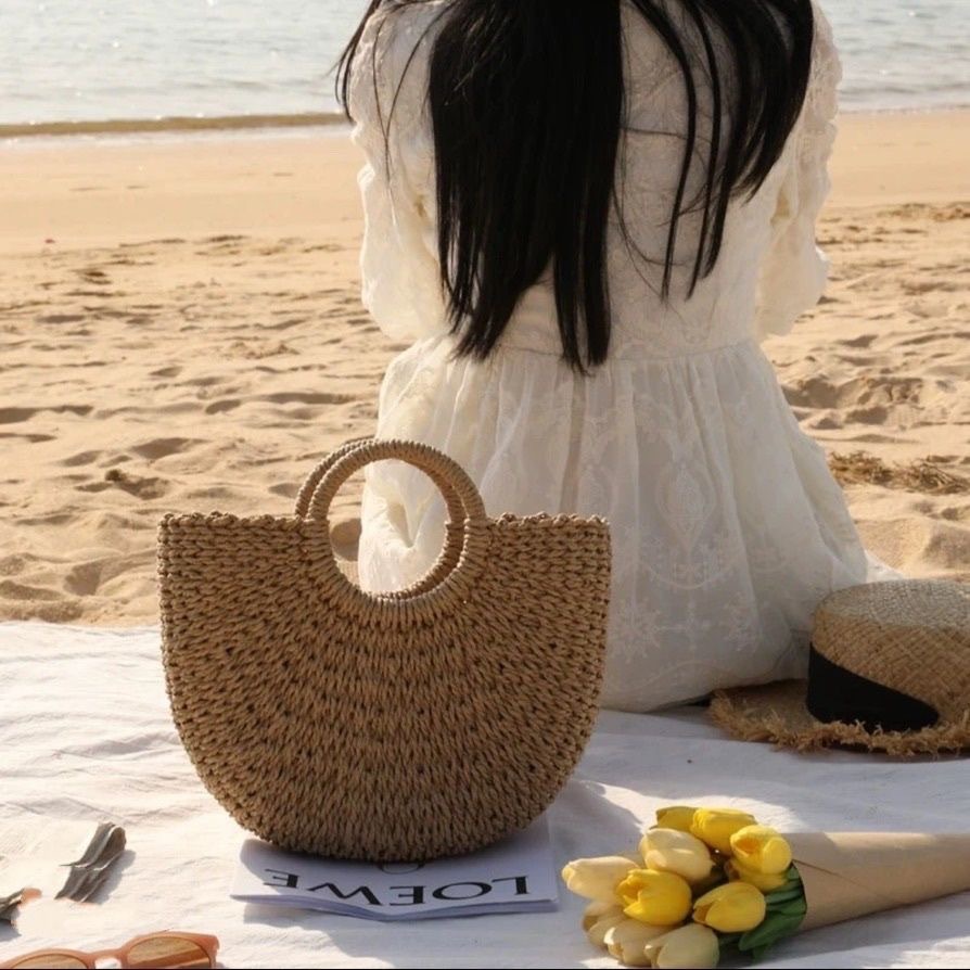 Hand Woven Straw Semicircle To - Luxury Beach Bags Ysl review and price