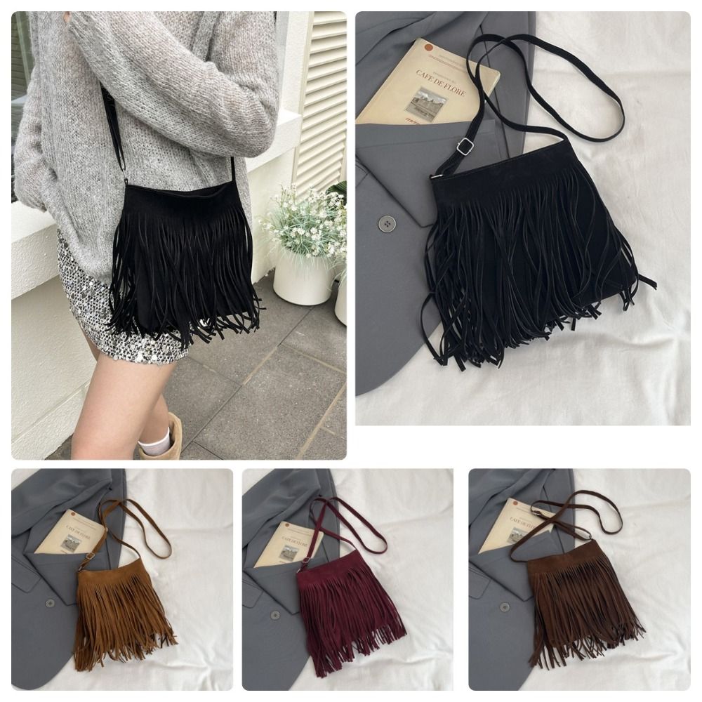 Vintage Suede Fringe Crossbody - Bucket Bag Suede review and price